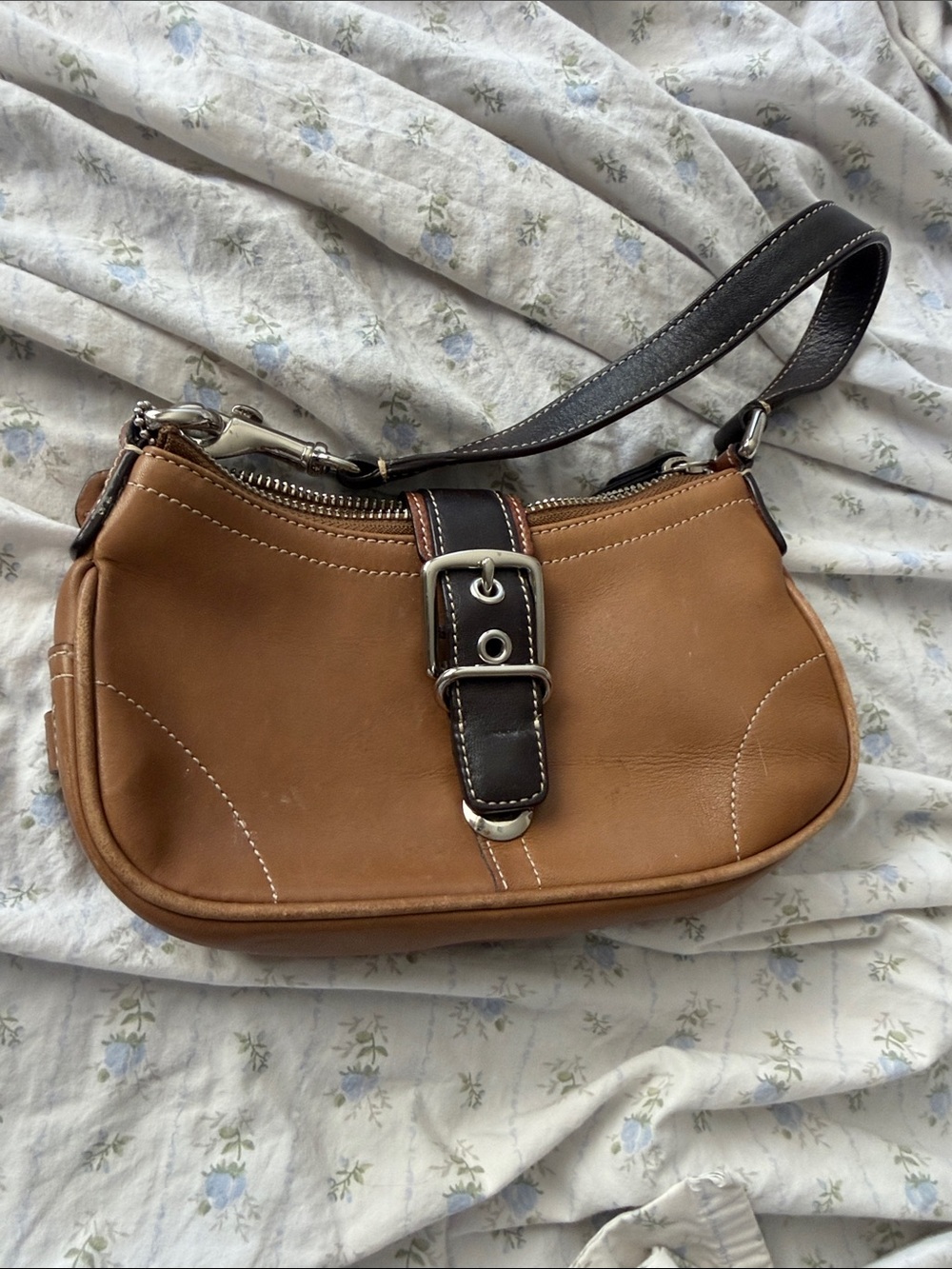 Tan Leather Shoulder Bag with Dark Brown Strap